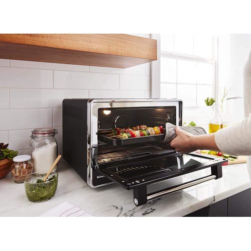  Amazon Renewed KitchenAid KCO255BM Dual Convection Countertop Toaster Oven, 12 preset cooking functions to roast, bake, fry meals, desserts, grill rack, baking pan, Digital display, non-stick int