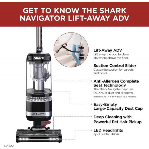  Amazon Renewed Shark LA322 Navigator Lift-Away ADV Corded Lightweight Upright Vacuum with Detachable Pod Pet Power Brush Crevice and Upholstery Tool, Black (Renewed)