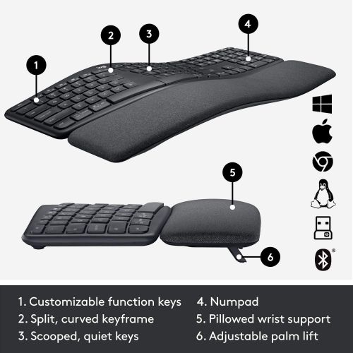  Amazon Renewed (Renewed) Logitech Ergo K860 Wireless Ergonomic Keyboard with Wrist Rest - Split Keyboard Layout for Windows/Mac, Bluetooth or USB Connectivity