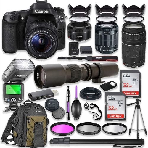  Amazon Renewed Canon EOS 80D DSLR Camera with 18-55mm Lens Bundle + Canon EF 75-300mm III Lens, Canon 50mm f/1.8 & 500mm Lens + TTL Flash + Backpack + 64GB Memory + Monopod + Professional Bundle