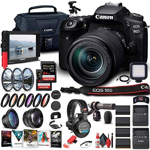  Amazon Renewed Canon EOS 90D DSLR Camera with 18-135mm Lens (3616C016) + 4K Monitor + Pro Headphones + Pro Mic + 2 x 64GB Memory Card + Case + Corel Photo Software + Pro Tripod + 3 x LPE6 Battery