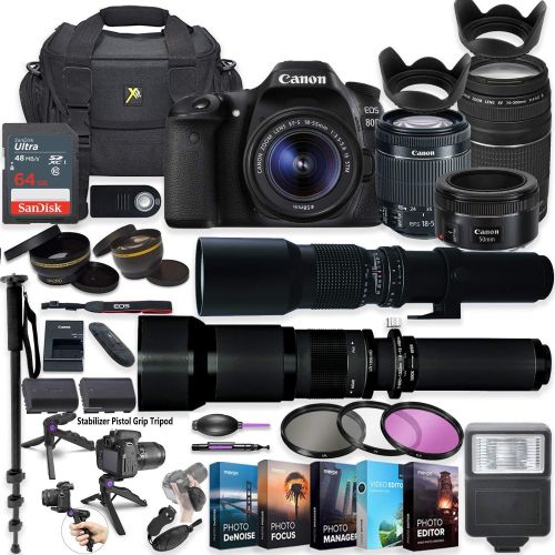  Amazon Renewed Canon EOS 80D DSLR Camera with 18-55mm Lens, 50mm f/1.8, 75-300mm Lenses + 500mm & 650-1300mm Preset Lenses + 5 Photo/Video Editing Software Package & Professional Accessory Kit (R