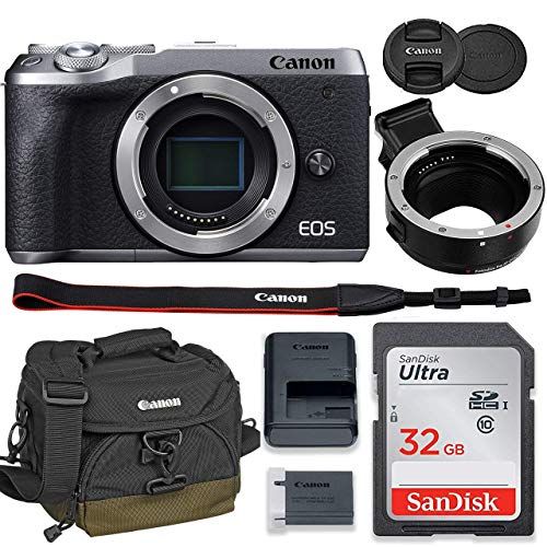  Amazon Renewed Canon EOS M6 Mark II Mirrorless Digital Camera (Silver) Body Only Kit with Auto (EF/EF-S to EF-M) Mount Adapter + 32GB Sandisk Memory + 100EG Padded Case and More. (Renewed)