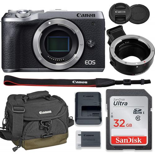  Amazon Renewed Canon EOS M6 Mark II Mirrorless Digital Camera (Silver) Body Only Kit with Auto (EF/EF-S to EF-M) Mount Adapter + 32GB Sandisk Memory + 100EG Padded Case and More. (Renewed)