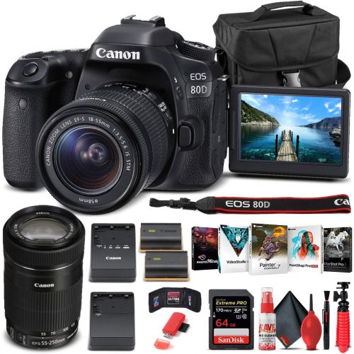  Amazon Renewed Canon EOS 80D DSLR Camera with 18-55mm Lens (1263C005) + EF-S 55-250mm Lens + 64GB Memory Card + Case + Corel Photo Software + LPE6 Battery + External Charger + Card Reader + More