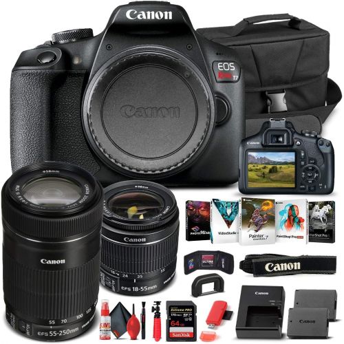  Amazon Renewed Canon EOS Rebel T7 DSLR Camera with 18-55mm Lens (2727C002) + EF-S 55-250mm Lens + 64GB Memory Card + Case + Corel Photo Software + LPE10 Battery + Card Reader + Deluxe Cleaning Se