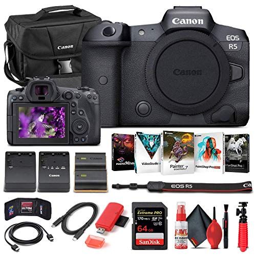  Amazon Renewed Canon EOS R5 Mirrorless Digital Camera (Body Only) (4147C002) + 64GB Memory Card + Case + Corel Photo Software + LPE6 Battery + External Charger + Card Reader + HDMI Cable + More (