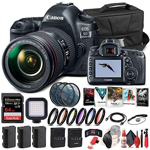  Amazon Renewed Canon EOS 5D Mark IV DSLR Camera with 24-105mm f/4L II Lens (1483C010) + 64GB Memory Card + Case + Corel Photo Software + 2 x LPE6 Battery + External Charger + Card Reader + LED Li