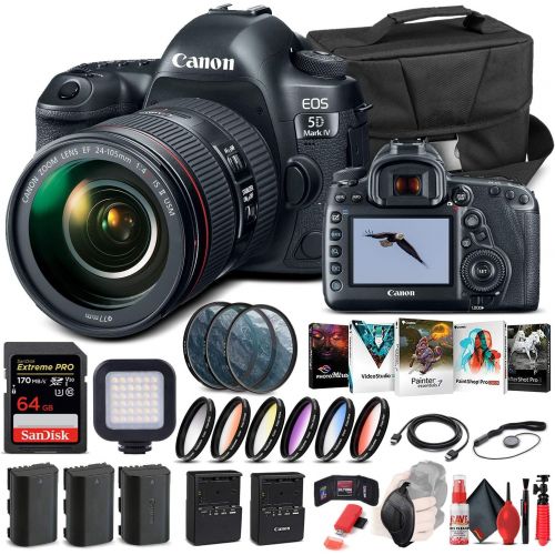  Amazon Renewed Canon EOS 5D Mark IV DSLR Camera with 24-105mm f/4L II Lens (1483C010) + 64GB Memory Card + Case + Corel Photo Software + 2 x LPE6 Battery + External Charger + Card Reader + LED Li