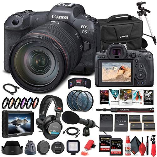  Amazon Renewed Canon EOS R5 Mirrorless Digital Camera with 24-105mm f/4L Lens (4147C013) + 4K Monitor + Pro Headphones + Pro Mic + 2 x 64GB Memory Card + Case + Corel Photo Software + Pro Tripod