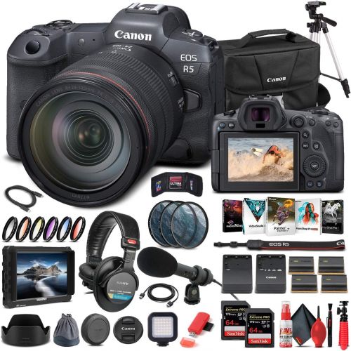  Amazon Renewed Canon EOS R5 Mirrorless Digital Camera with 24-105mm f/4L Lens (4147C013) + 4K Monitor + Pro Headphones + Pro Mic + 2 x 64GB Memory Card + Case + Corel Photo Software + Pro Tripod