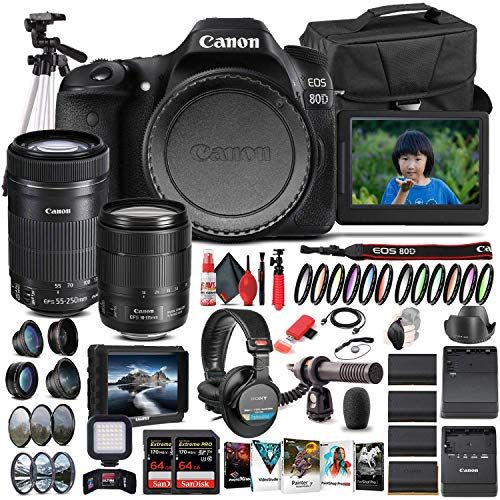  Amazon Renewed Canon EOS 80D DSLR Camera with 18-135mm Lens (1263C006) + EF-S 55-250mm Lens + 4K Monitor + Pro Headphones + Pro Mic + 2 x 64GB Memory Card + Case + Corel Photo Software + Pro Trip