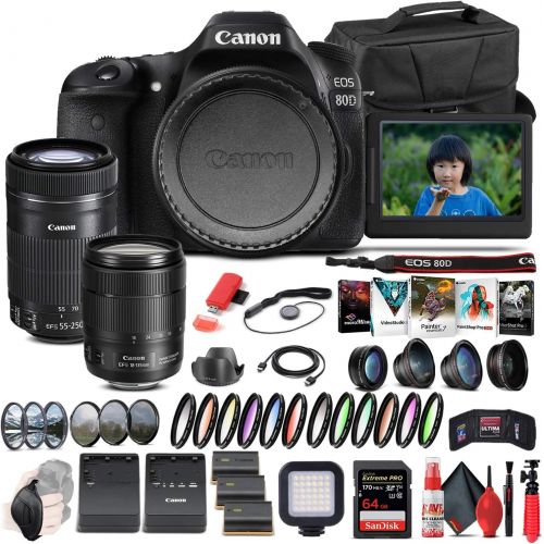  Amazon Renewed Canon EOS 80D DSLR Camera with 18-135mm Lens (1263C006) + EF-S 55-250mm Lens + 64GB Memory Card + Case + Corel Photo Software + 2 x LPE6 Battery + External Charger + Card Reader +