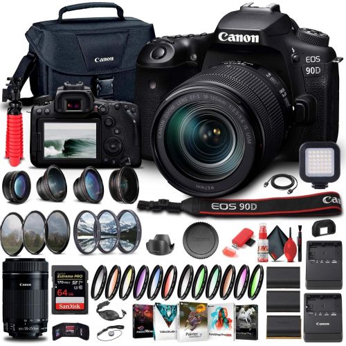  Amazon Renewed Canon EOS 90D DSLR Camera with 18-135mm Lens (3616C016) + EF-S 55-250mm Lens + 64GB Memory Card + Case + Corel Photo Software + 2 x LPE6 Battery + External Charger + Card Reader +