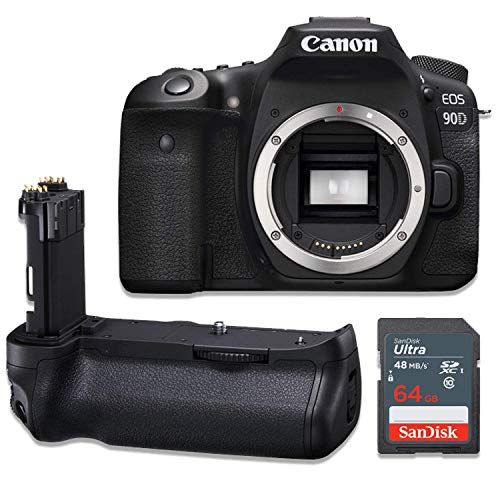  Amazon Renewed Canon EOS 90D Wi-Fi 4K UHD Digital SLR Camera Body Kit with Power Battery Grip & 64GB Memory Card (Renewed)