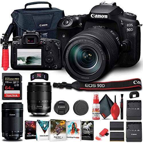  Amazon Renewed Canon EOS 90D DSLR Camera with 18-135mm Lens (3616C016) + EF-S 55-250mm Lens + 64GB Memory Card + Case + Corel Photo Software + LPE6 Battery + External Charger + Card Reader + More