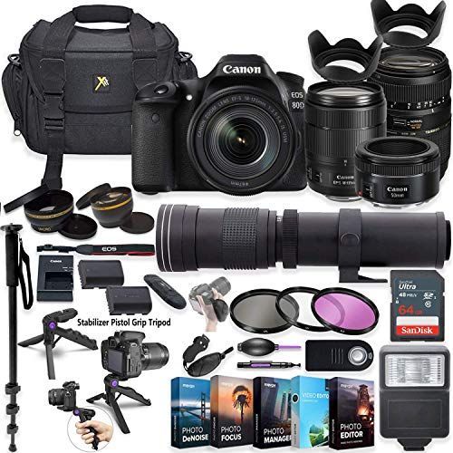  Amazon Renewed Canon EOS 80D DSLR Camera with 18-135mm Lens, 50mm f/1.8, Tamron 70-300mm Lenses + 420-800mm Zoom Tele Lens + 5 Photo/Video Editing Software Package & Professional Accessory Kit (R