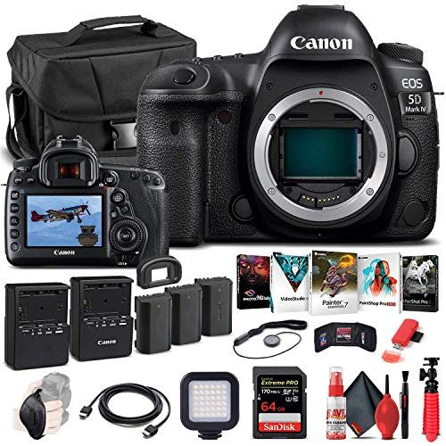  Amazon Renewed Canon EOS 5D Mark IV DSLR Camera (Body Only) (1483C002) + 64GB Memory Card + Case + Corel Photo Software + 2 x LPE6 Battery + External Charger + Card Reader + LED Light + HDMI Cabl