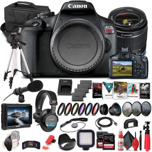  Amazon Renewed Canon EOS Rebel T7 DSLR Camera with 18-55mm Lens (2727C002) + 4K Monitor + Pro Headphones + Pro Mic + 2 x 64GB Memory Card + Case + Corel Photo Software + Tripod + 3 x LPE10 Batter