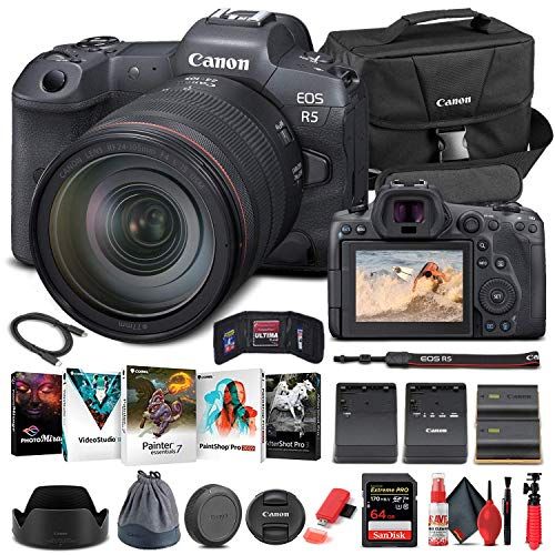  Amazon Renewed Canon EOS R5 Mirrorless Digital Camera with 24-105mm f/4L Lens (4147C013) + 64GB Memory Card + Case + Corel Photo Software + LPE6 Battery + External Charger + Card Reader + More (R