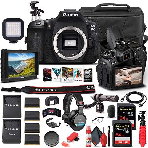  Amazon Renewed Canon EOS 90D DSLR Camera (Body Only) (3616C002) + 4K Monitor + Pro Headphones + Pro Mic + 2 x 64GB Memory Card + Case + Corel Photo Software + Pro Tripod + 3 x LPE6 Battery + More