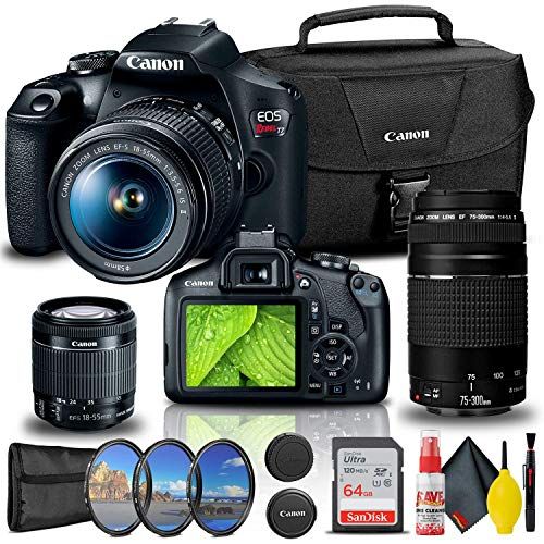  Amazon Renewed Canon EOS Rebel T7 DSLR Camera with 18-55mm and 75-300mm Lenses + Creative Filter Set, EOS Camera Bag + Sandisk Ultra 64GB Card + Cleaning Set, and More (Renewed)