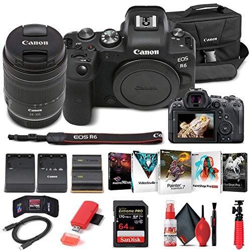  Amazon Renewed Canon EOS R6 Mirrorless Digital Camera with 24-105mm f/4-7.1 Lens (4082C022) + 64GB Memory Card + Case + Corel Photo Software + LPE6 Battery + External Charger + Card Reader + More