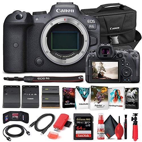  Amazon Renewed Canon EOS R6 Mirrorless Digital Camera (Body Only) (4082C002) + 64GB Memory Card + Case + Corel Photo Software + LPE6 Battery + External Charger + Card Reader + HDMI Cable + More (