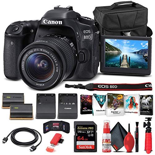  Amazon Renewed Canon EOS 80D DSLR Camera with 18-55mm Lens (1263C005) + 64GB Memory Card + Case + Corel Photo Software + LPE6 Battery + External Charger + Card Reader + HDMI Cable + Cleaning Set