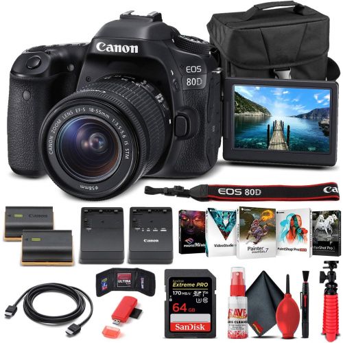  Amazon Renewed Canon EOS 80D DSLR Camera with 18-55mm Lens (1263C005) + 64GB Memory Card + Case + Corel Photo Software + LPE6 Battery + External Charger + Card Reader + HDMI Cable + Cleaning Set