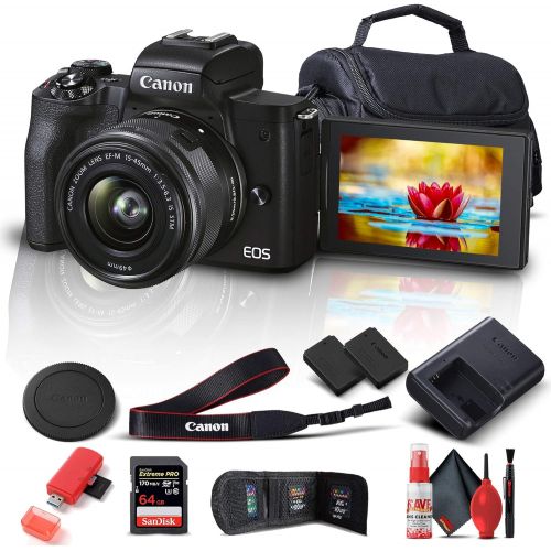  Amazon Renewed Canon EOS M50 Mark II Mirrorless Digital Camera with 15-45mm Lens (Black) (4728C006) + 64GB Extreme Pro Card + Extra LPE12 Battery + Case + Card Reader + Cleaning Set + Memory Wall