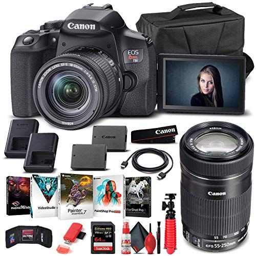  Amazon Renewed Canon EOS Rebel T8i DSLR Camera with 18-55mm Lens (3924C002) + Canon EF-S 55-250mm Lens + 64GB Memory Card + Case + Corel Photo Software + LPE17 Battery + Card Reader + More (Renew