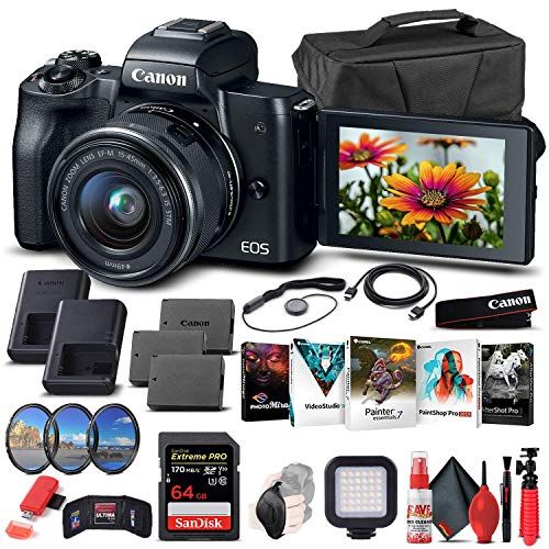  Amazon Renewed Canon EOS M50 Mirrorless Digital Camera with 15-45mm Lens (Black) (2680C011) + 64GB Memory Card + Case + Corel Photo Software + 2 x LPE12 Battery + Charger + Card Reader + LED Ligh