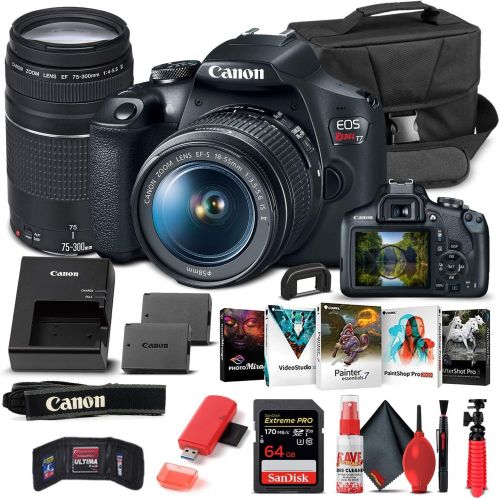  Amazon Renewed Canon EOS Rebel T7 DSLR Camera with 18-55mm and 75-300mm Lenses (2727C021) + 64GB Card + Corel Photo Software + LPE10 Battery + Card Reader + Cleaning Set + Flex Tripod + Memory Wa