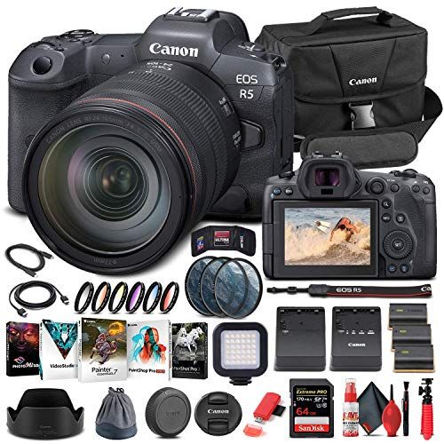  Amazon Renewed Canon EOS R5 Mirrorless Digital Camera with 24-105mm f/4L Lens (4147C013) + 64GB Memory Card + Case + Corel Photo Software + 2 x LPE6 Battery + External Charger + Card Reader + Lig