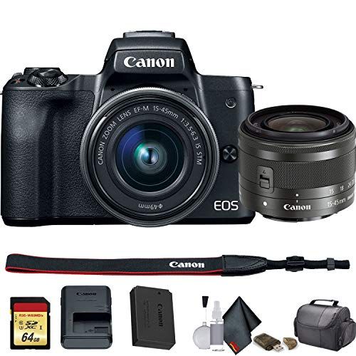  Amazon Renewed Canon EOS M50 Mirrorless Vlogging Digital Camera with 15-45mm Lens + Camera Bag + 64GB Memory Card + Cleaing Set + More (International Model) (2680C011) - Starter Bundle (Renewed)