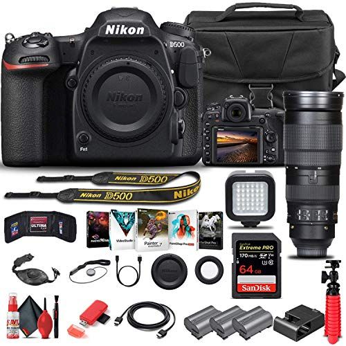  Amazon Renewed Nikon D500 DSLR Camera (Body Only) (1559) + Nikon 200-500mm Lens + 64GB Memory Card + Case + Corel Photo Software + 2 x EN-EL 15 Battery + Card Reader + LED Light + HDMI Cable + Mo