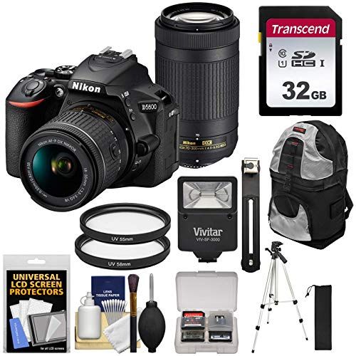  Amazon Renewed Nikon D5600 Wi-Fi Digital SLR Camera with 18-55mm VR & 70-300mm DX AF-P Lenses with 32GB Card + Backpack + Flash + Tripod + Kit (Renewed)