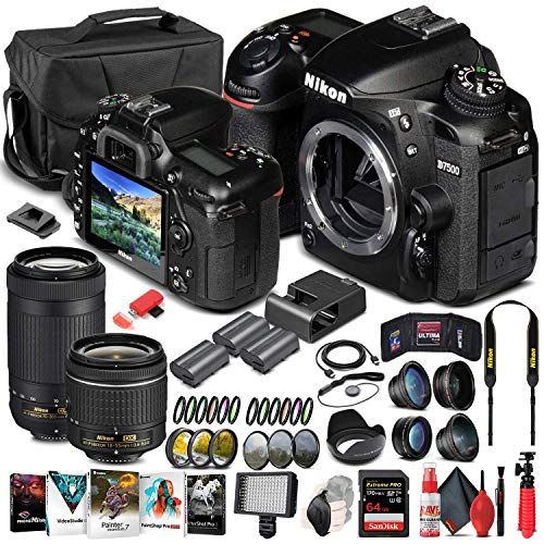  Amazon Renewed Nikon D7500 DSLR Camera (Body Only) (1581) + Nikon 70-300mm Lens + 18-55mm Lens + 64GB Memory Card + Case + Corel Photo Software + 2 x EN-EL 15 Battery + Card Reader + LED Light +