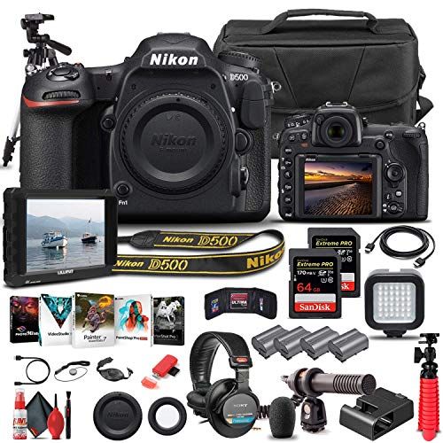  Amazon Renewed Nikon D500 DSLR Camera (Body Only) (1559) + 4K Monitor + Headphones + Pro Mic + 2 x 64GB Memory Card + Case + Corel Photo Software + Pro Tripod + 3 x EN-EL 15 Battery + Card Reader