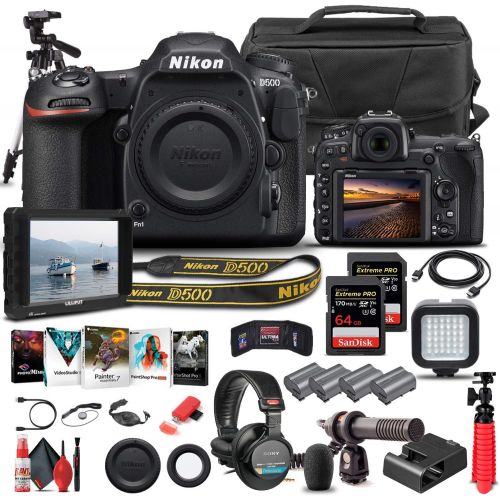  Amazon Renewed Nikon D500 DSLR Camera (Body Only) (1559) + 4K Monitor + Headphones + Pro Mic + 2 x 64GB Memory Card + Case + Corel Photo Software + Pro Tripod + 3 x EN-EL 15 Battery + Card Reader