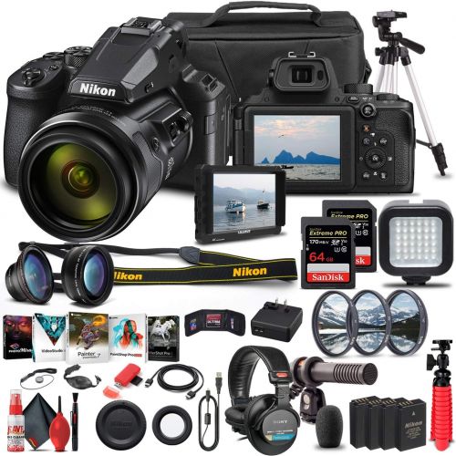  Amazon Renewed Nikon COOLPIX P950 Digital Camera (26532) + 4K Monitor + Pro Headphones + Pro Mic + 2 x 64GB Memory Card + Case + Corel Photo Software + Pro Tripod + 3 x EN-EL 20 Battery + CardRea