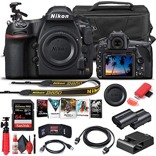  Amazon Renewed Nikon D850 DSLR Camera (Body Only) (1585) + 64GB Memory Card + Case + Corel Photo Software + EN-EL 15 Battery + HDMI Cable + Cleaning Set + Flex Tripod + More (International Model)