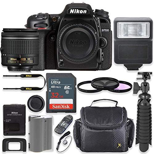  Amazon Renewed Nikon D7500 20.9MP DSLR Camera with AF-P 18-55mm VR Lens Kit + 32 GB Sandisk Memory Card + Digital Slave Flash + Spider Flexible Tripod + Gadget Bag + Starter Accessory Kit (Renewe