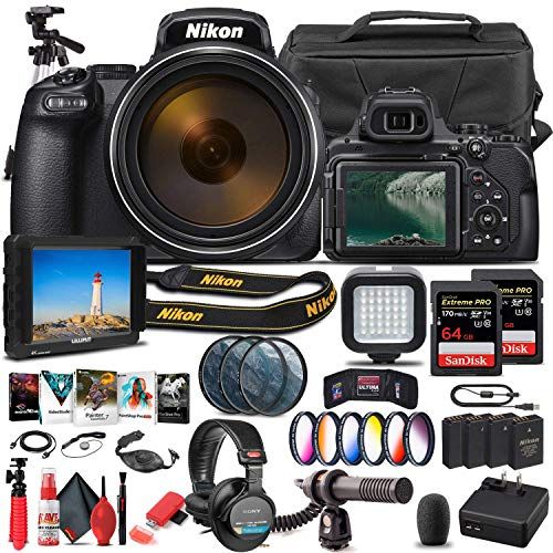  Amazon Renewed Nikon COOLPIX P1000 Digital Camera (26522) + 4K Monitor + Pro Headphones + Mic + 2 x 64GB Memory Card + Case + Corel Photo Software + Pro Tripod + 3 x EN-EL 20 Battery + Card Reade