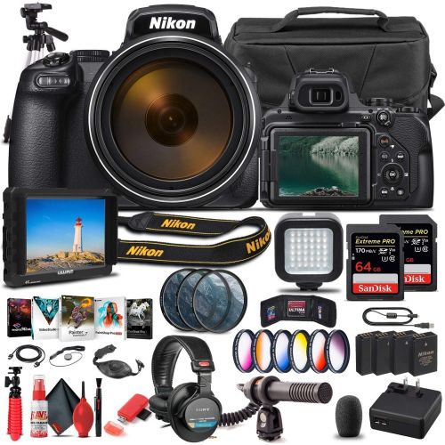  Amazon Renewed Nikon COOLPIX P1000 Digital Camera (26522) + 4K Monitor + Pro Headphones + Mic + 2 x 64GB Memory Card + Case + Corel Photo Software + Pro Tripod + 3 x EN-EL 20 Battery + Card Reade