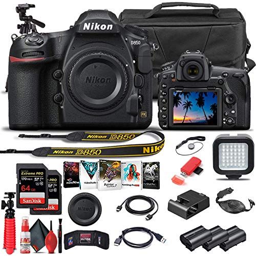  Amazon Renewed Nikon D850 DSLR Camera (Body Only) (1585) + 64GB Memory Card + Case + Corel Software + 2 x EN-EL 15 Battery + LED Light + HDMI Cable + Cleaning Set + Flex Tripod + More (Internatio