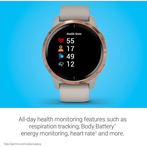  Amazon Renewed Garmin Venu, GPS Smartwatch with Bright Touchscreen Display, Features Music, Body Energy Monitoring, Animated Workouts, Pulse Ox Sensor and More, Rose Gold with Tan Band (Renewed)