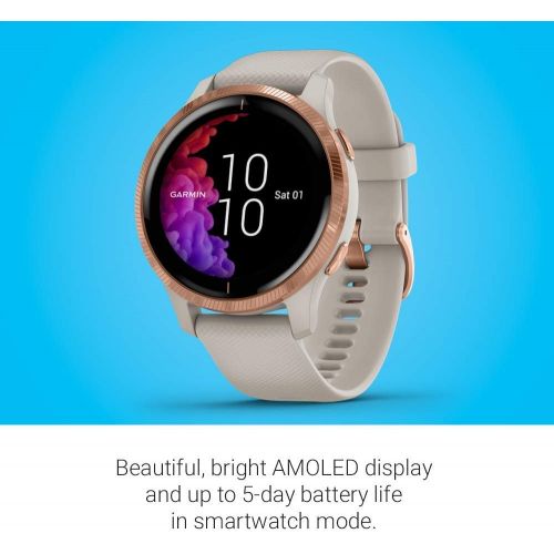  Amazon Renewed Garmin Venu, GPS Smartwatch with Bright Touchscreen Display, Features Music, Body Energy Monitoring, Animated Workouts, Pulse Ox Sensor and More, Rose Gold with Tan Band (Renewed)