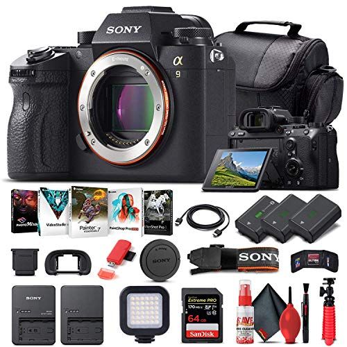  Amazon Renewed Sony Alpha a9 Mirrorless Digital Camera (Body Only) (ILCE9/B) + 64GB Memory Card + 2 x NP-FZ-100 Battery + Corel Photo Software + Case + External Charger + Card Reader + LED Light